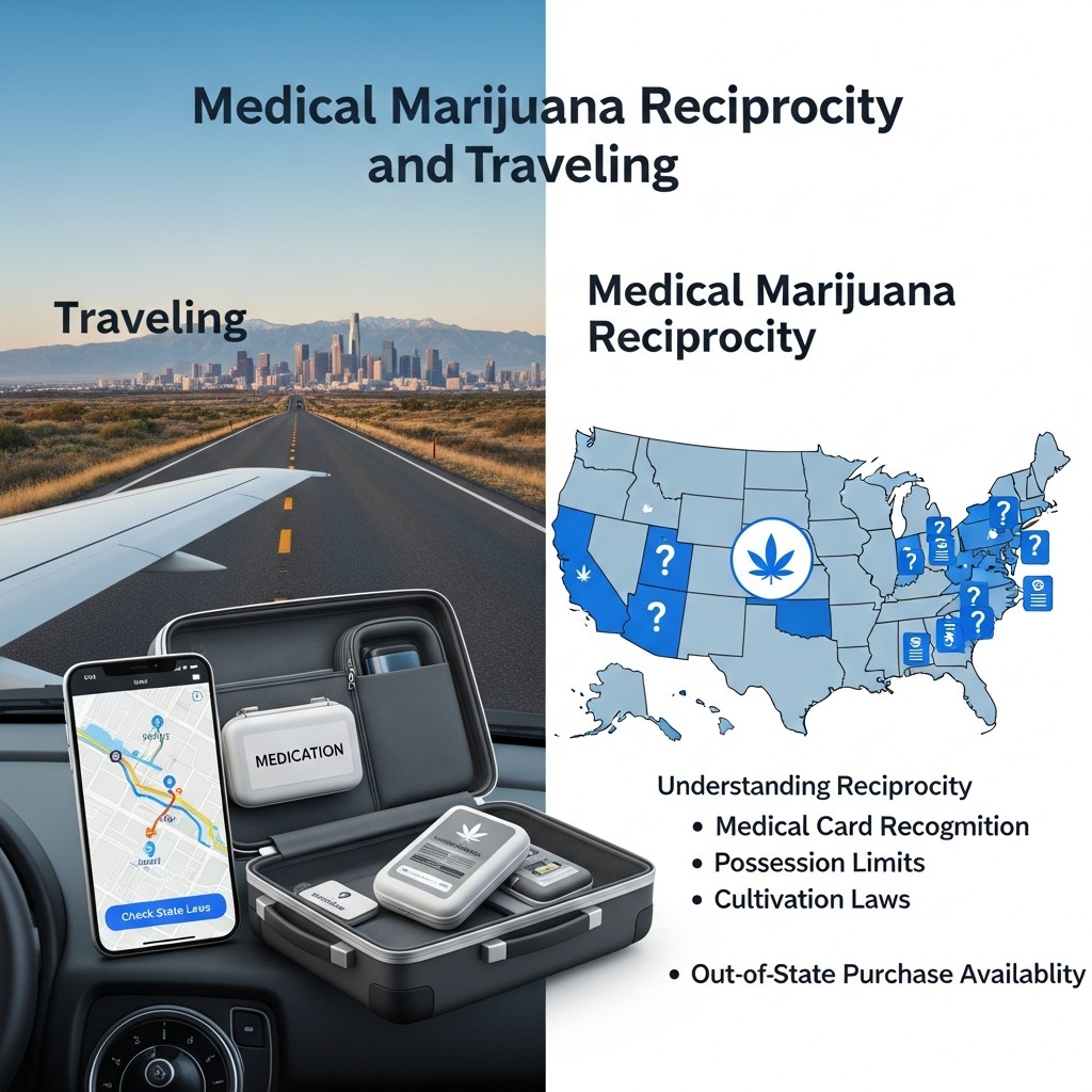 Medical Marijuana Reciprocity and Traveling guide with map and travel medication kit
