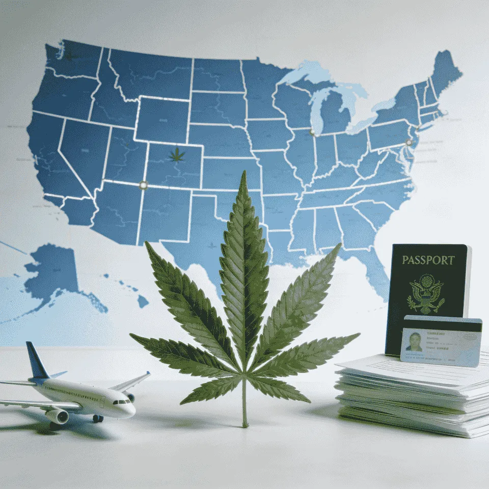 cannabis leaf, US map, passport, and ID representing traveling with a medical marijuana card