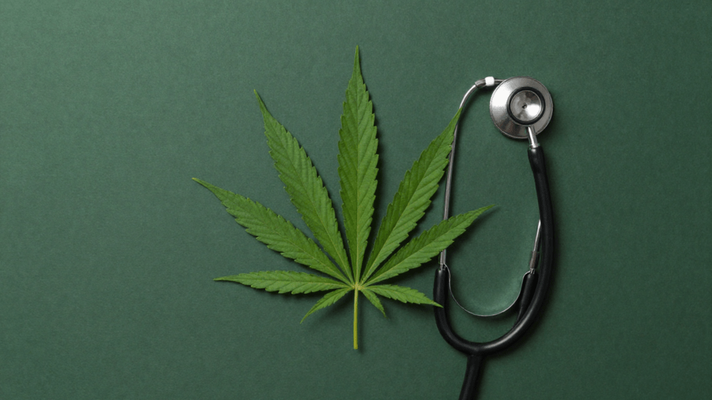 Medical card qualifying conditions with a leaf and a stethoscope on representing healthcare and marijuana treatment options