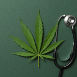 Medical card qualifying conditions with a leaf and a stethoscope on representing healthcare and marijuana treatment options